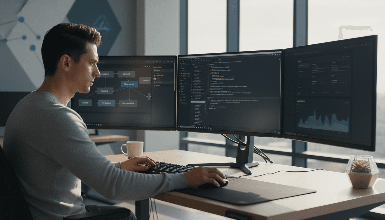 Developer at workstation with multiple screens